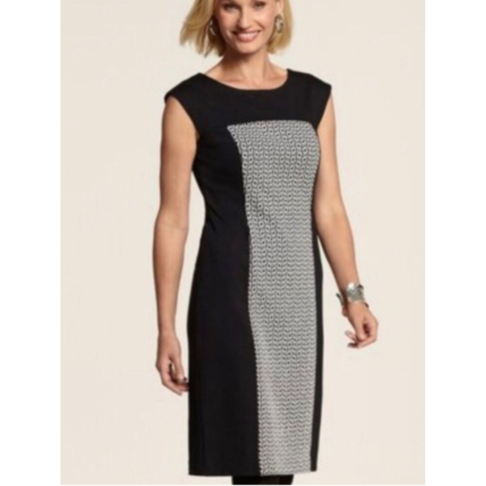 Chicos Shift Dress Size (2) Large Black Jacquard Cap Sleeve Mini Dressy Office